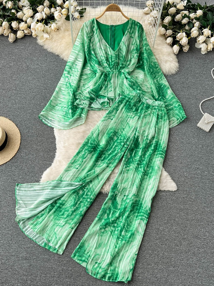 deanwangkt Vintage Women Tie Dye Printed Two Piece Set Autumn Irregular Long Sleeve V-Neck Blouse + High Waist Wide Leg Pants Suit Female - Deanwangkt