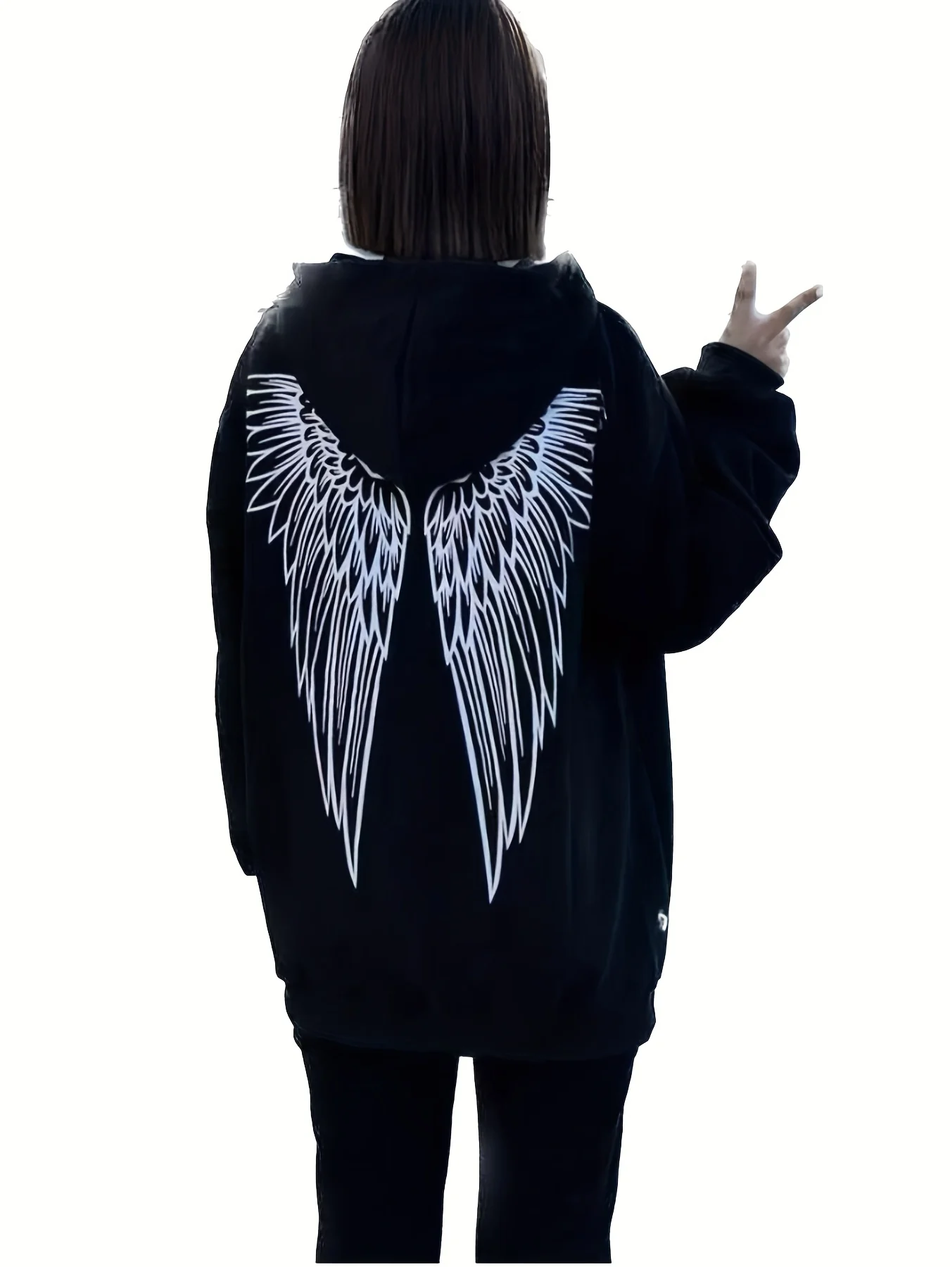 Wings Print Back Hoodies, Casual Drawstring Kangaroo Pocket Sweatshirt, Women's Clothing - Deanwangkt
