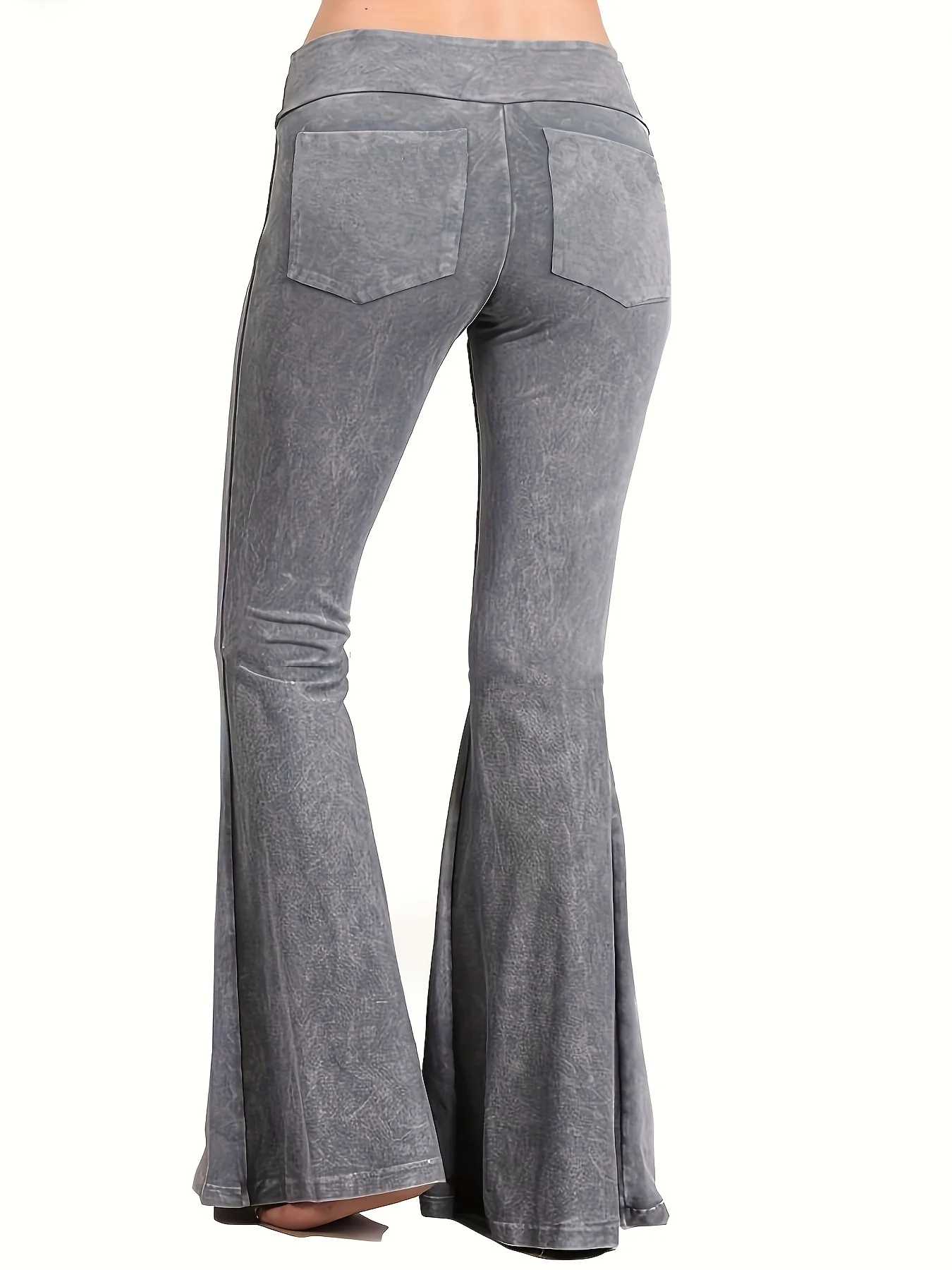 deanwangkt Plus Size Elegant Pants, Women's Plus Denim Print High Rise Stretchy Flare Leg Pants - Deanwangkt