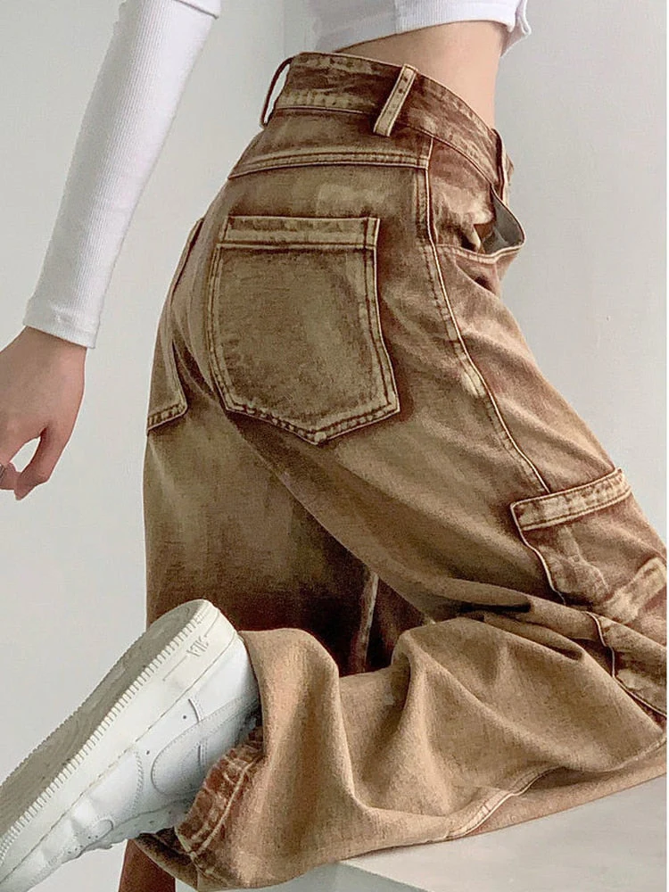 deanwangkt Y2K Brown Cargo Pants Women 90S Vintage Grunge High Waist Baggy Jeans Streetwear Wide Leg Loose Denim Trousers Female - Deanwangkt