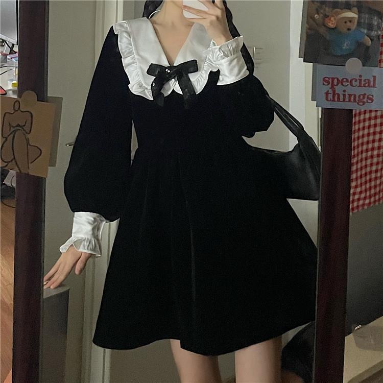 deanwangkt Kawaii Bow Dress Women Japanese Preppy Style Long Sleeve Mini Dresses Black Goth Vintage Lolita Outfits Sweet Streetwear - Deanwangkt