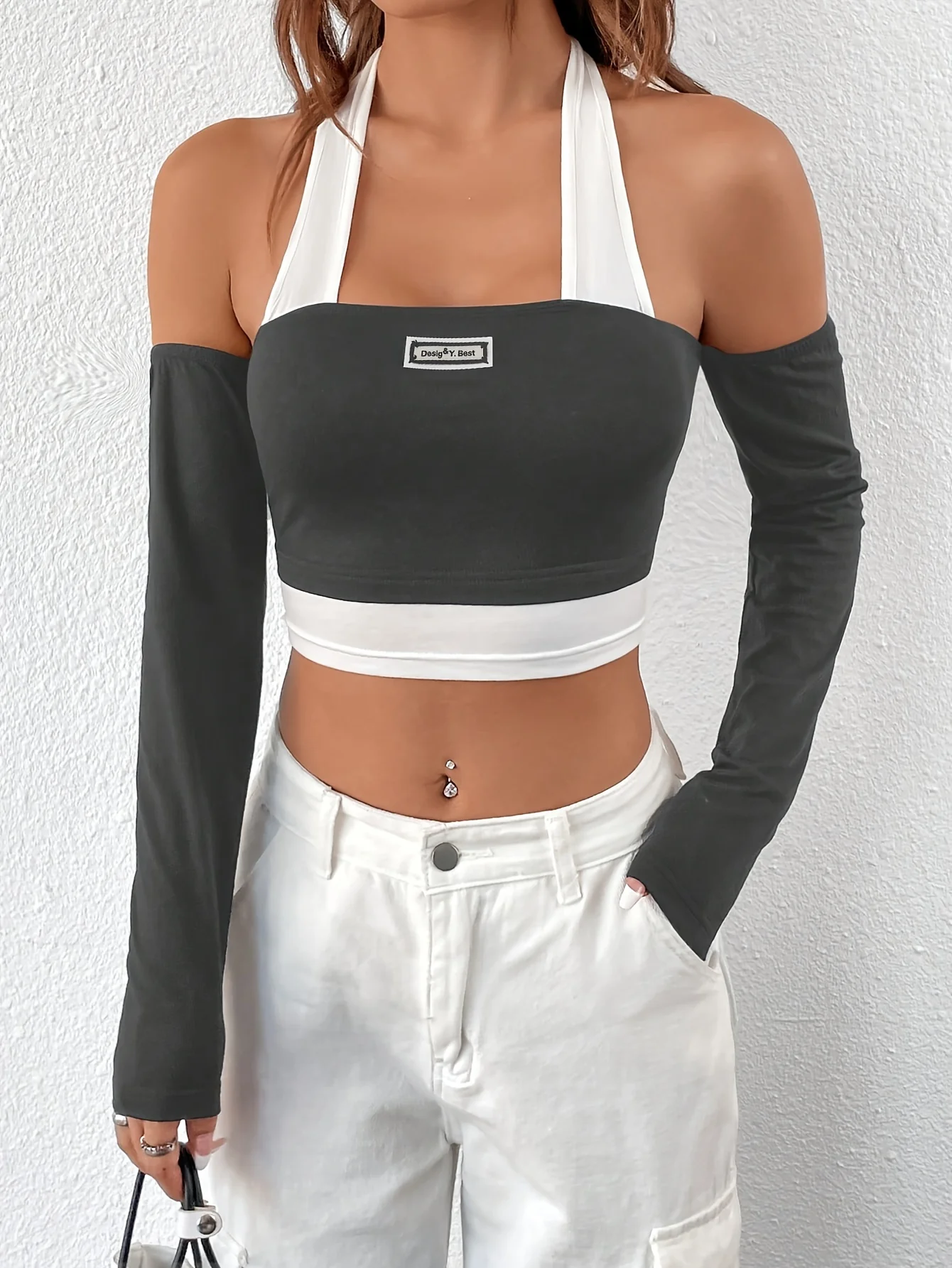 deanwangkt  Color Block Halter Neck T-Shirt, Casual Backless Long Sleeve Crop Top, Women's Clothing - Deanwangkt