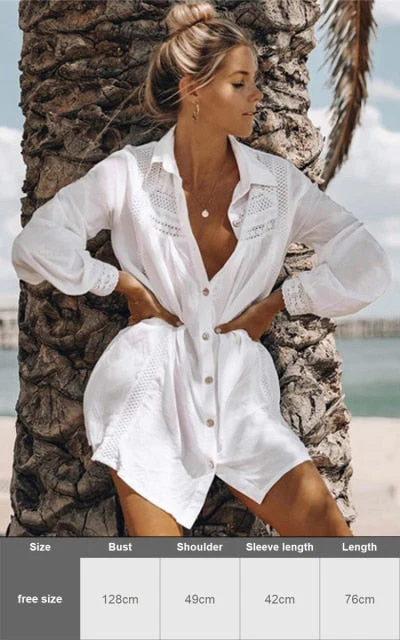 Sexy New Shirt Beach Up White Beach Dress Loose Blouse Tunic Pocket Long Sleeve Swimsuit Cover Up Casual Beachwear - Deanwangkt