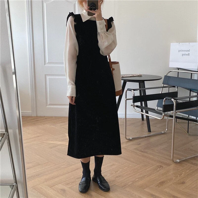 Joskka  New Women Spring Autumn Dresses Fashionable Elegant High Waist Vintage  Korean Style Velvet Sleeveless Long Dress - Deanwangkt
