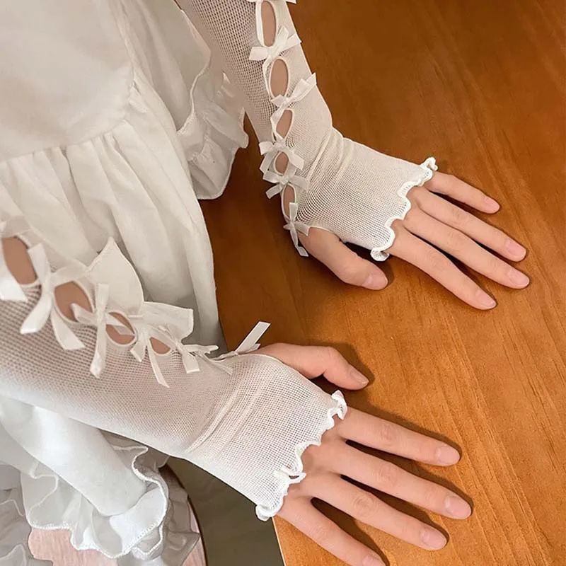 deanwangkt Sexy White Hollow Satin Bow Lace Gloves Lolita Bride Thin Sun Protection Arm Sleeves Women Summer Fingerless Sunscreen Mittens - Deanwangkt