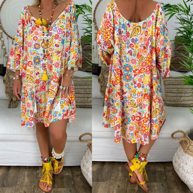 Summer Plus Size Women Boho Floral Print Dress Casual Loose Deep V Neck Holiday Beach Shirt Dress Vestido - Deanwangkt