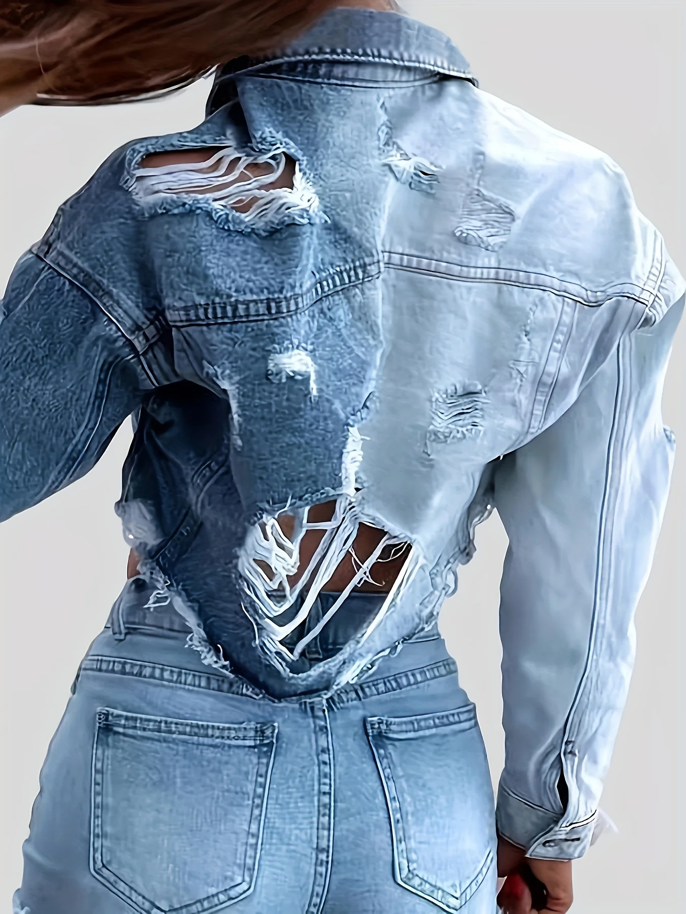 deanwangkt-1  Ripped Color Block Cropped Denim Jacket, Distressed Vintage Style Single-Breasted Long Sleeve Denim Coat, Women's Denim Jeans & Clothing - Deanwangkt