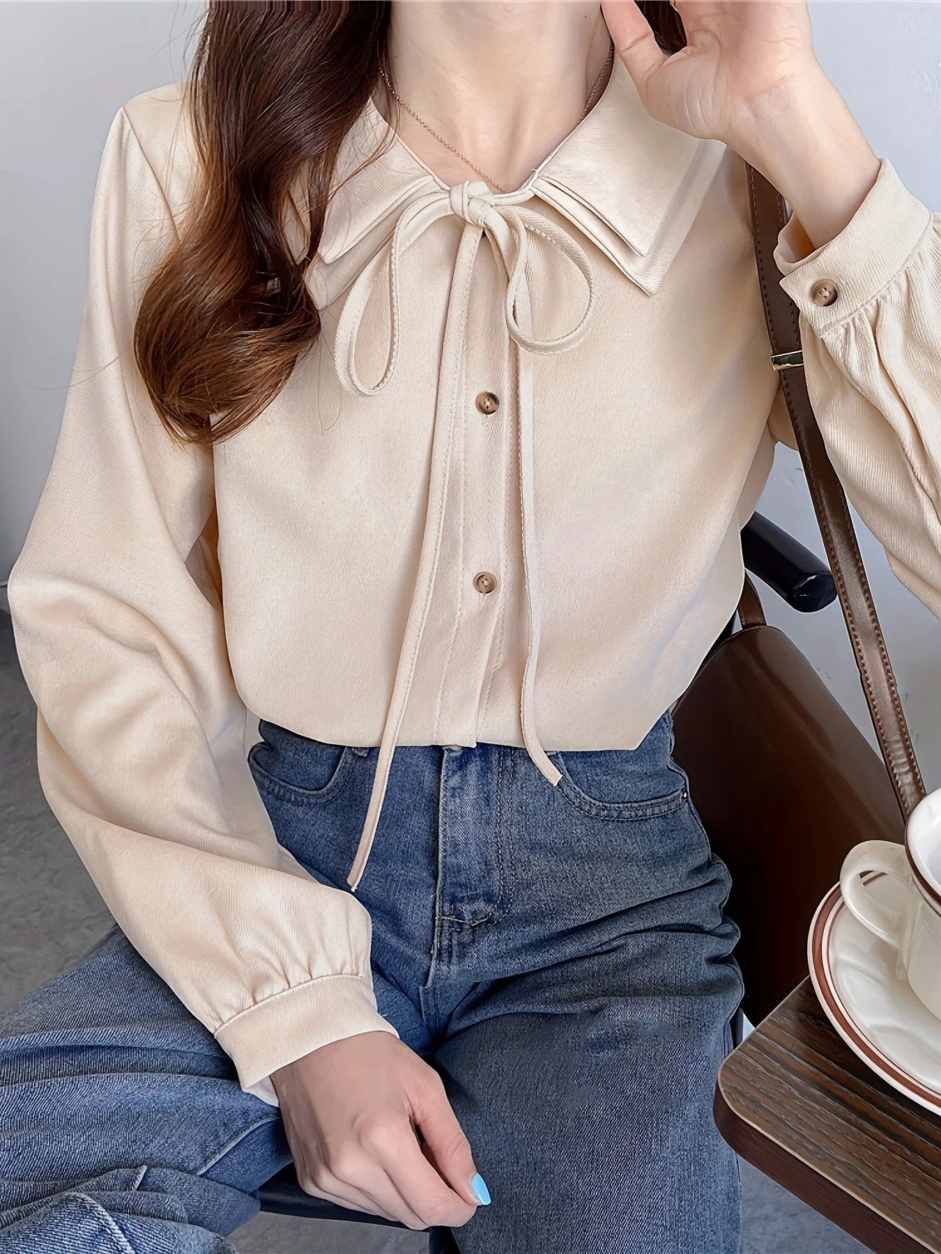 deanwangkt Solid Tie Front Button Blouse, Casual Long Sleeve Blouse For Spring & Fall, Women's Clothing - Deanwangkt