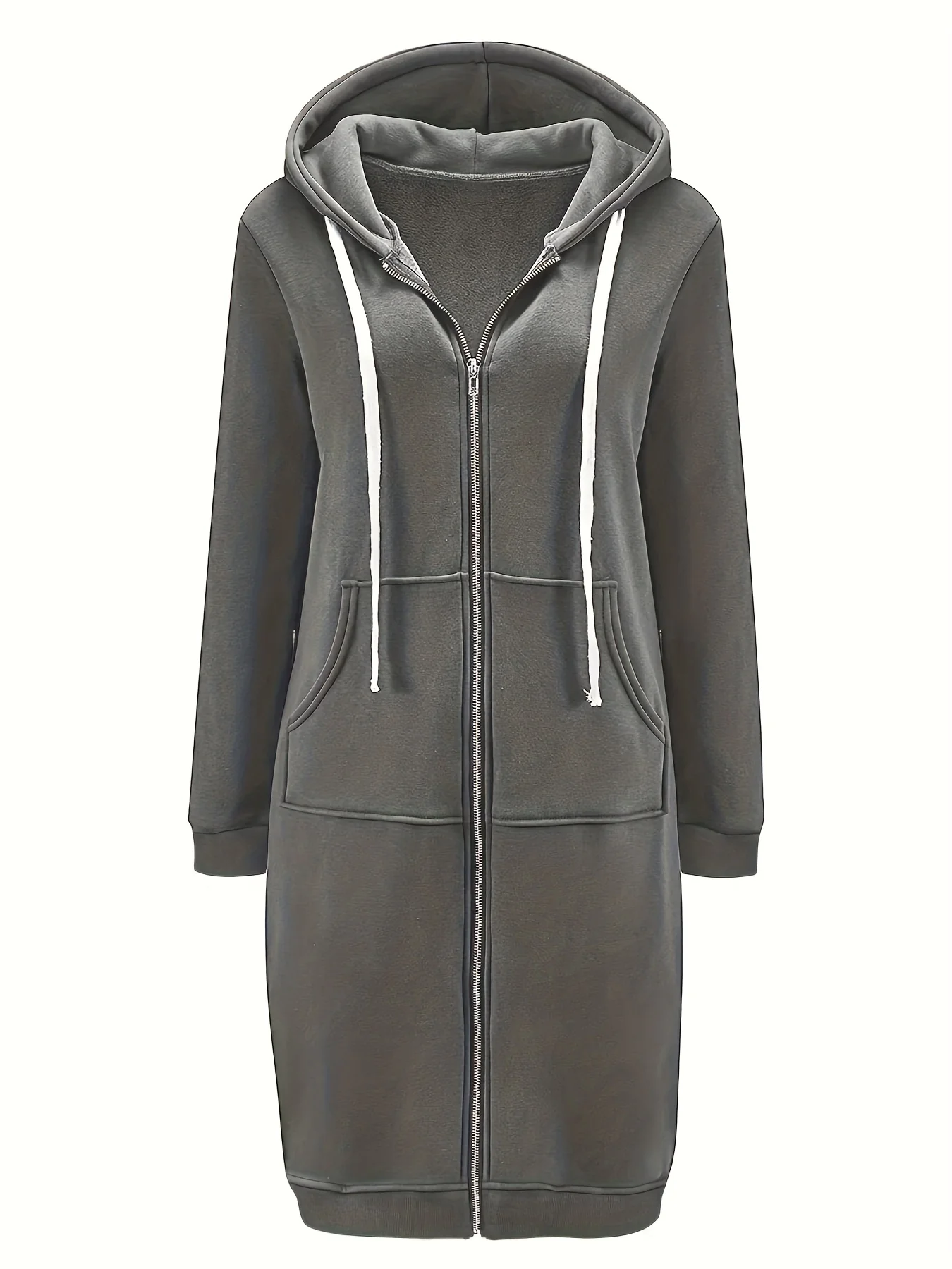 deanwangkt-1  Solid Zip Up Knee Length Hoodie, Casual Long Sleeve Slant Pockets Drawstring Hoodies Outerwear, Women's Clothing - Deanwangkt