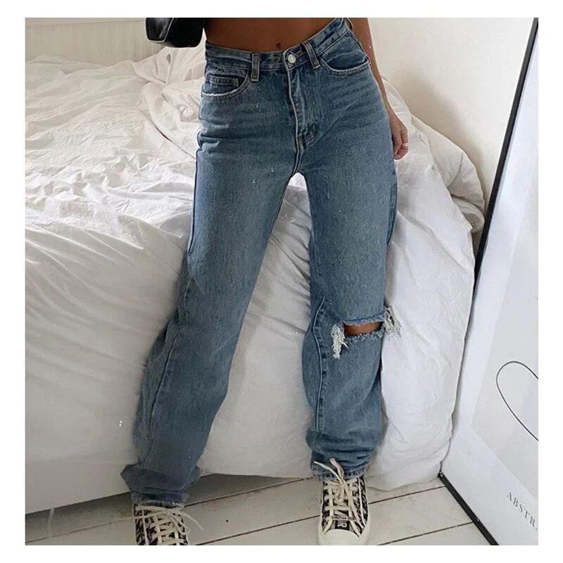 deanwangkt Denim Ripped Jeans For Women Cargo Pants Women Mom Jean High Waist Jeans Fashion Holes Thin Women's Baggy Jeans Long trousers - Deanwangkt