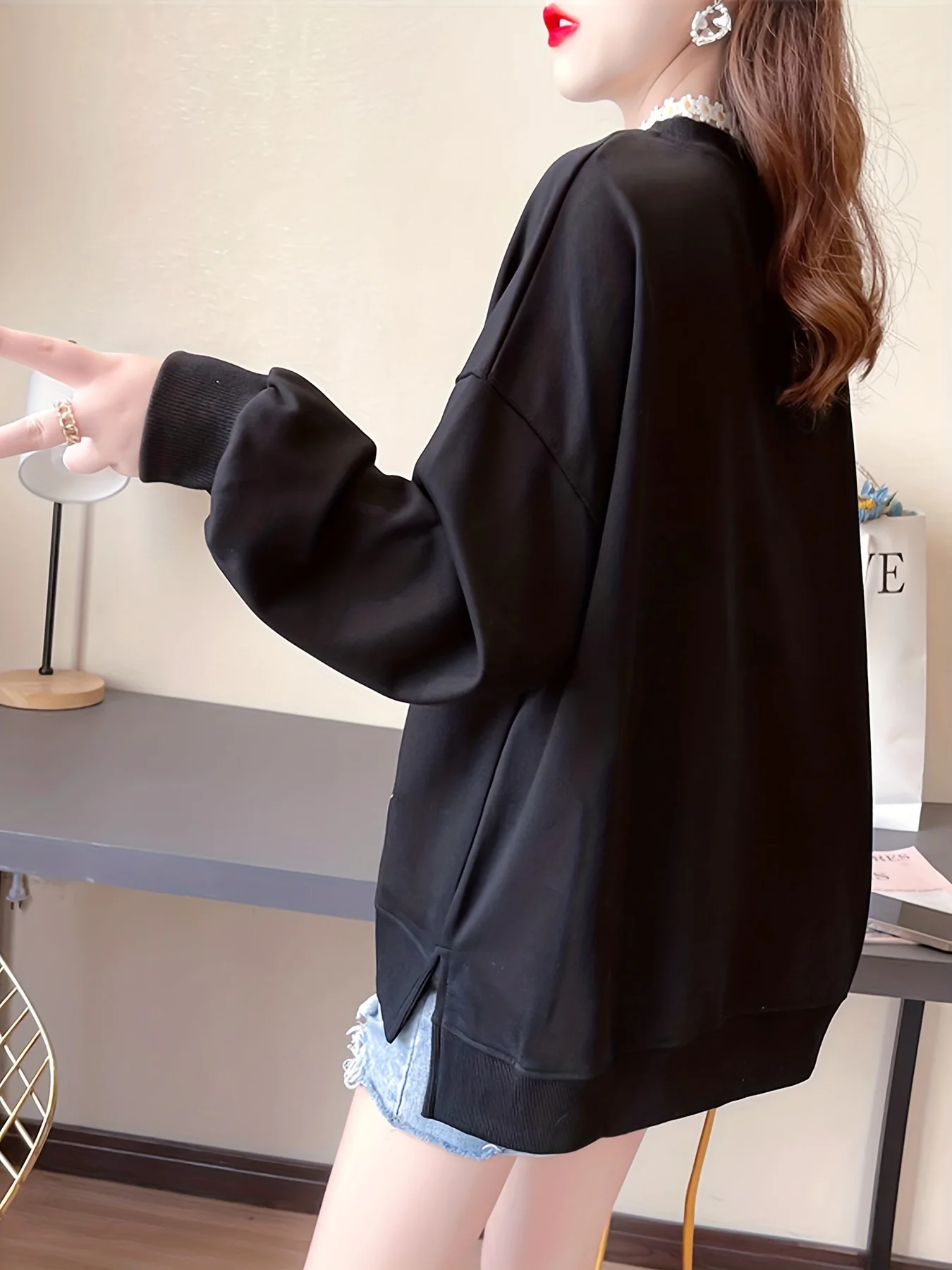 deanwangkt-1 Frog Button Folding Fan Sweatshirt, Casual Long Sleeve Crew Neck Sweatshirt For Fall & Winter, Women's Clothing - Deanwangkt