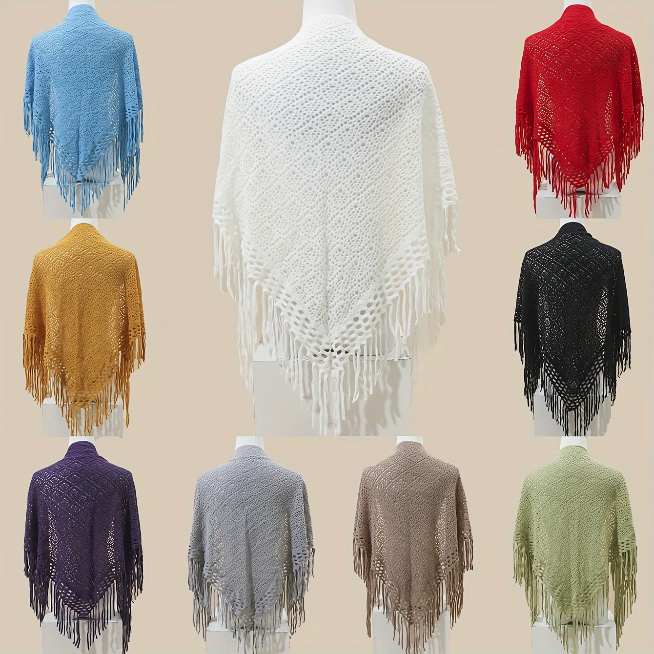 deanwangkt Elegant Knitted Triangle Scarf Solid Color Hollow Out Tassel Shawl Autumn Winter Outerwear Cardigan Large Cape - Deanwangkt