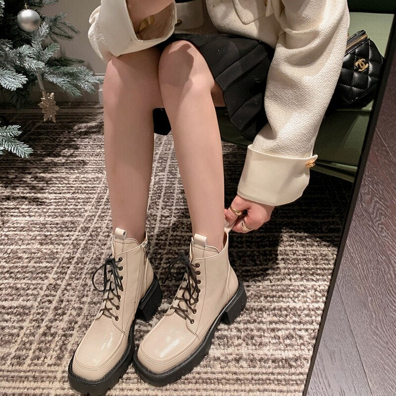 deanwangkt Autumn Boots   NEW Fall Shoes Women Split Leather Boots Square Toe Chunky Heel Women Boots Winter Solid Platform Boots for Women botas de mujer - Deanwangkt