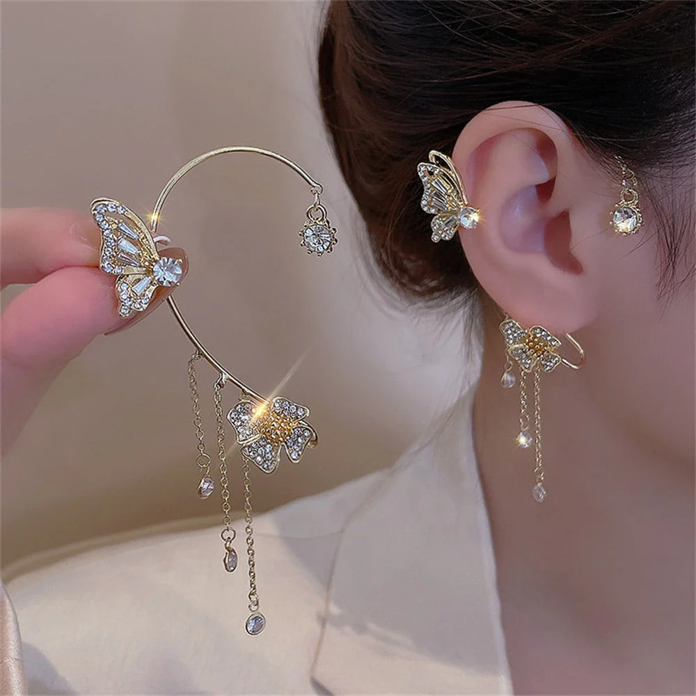 Shiny Zircon Butterfly Ear Cuff Gold Color Tassel Clip On Earrings For Women Korea Style Copper Earring Without Piercing Jewelry - Deanwangkt