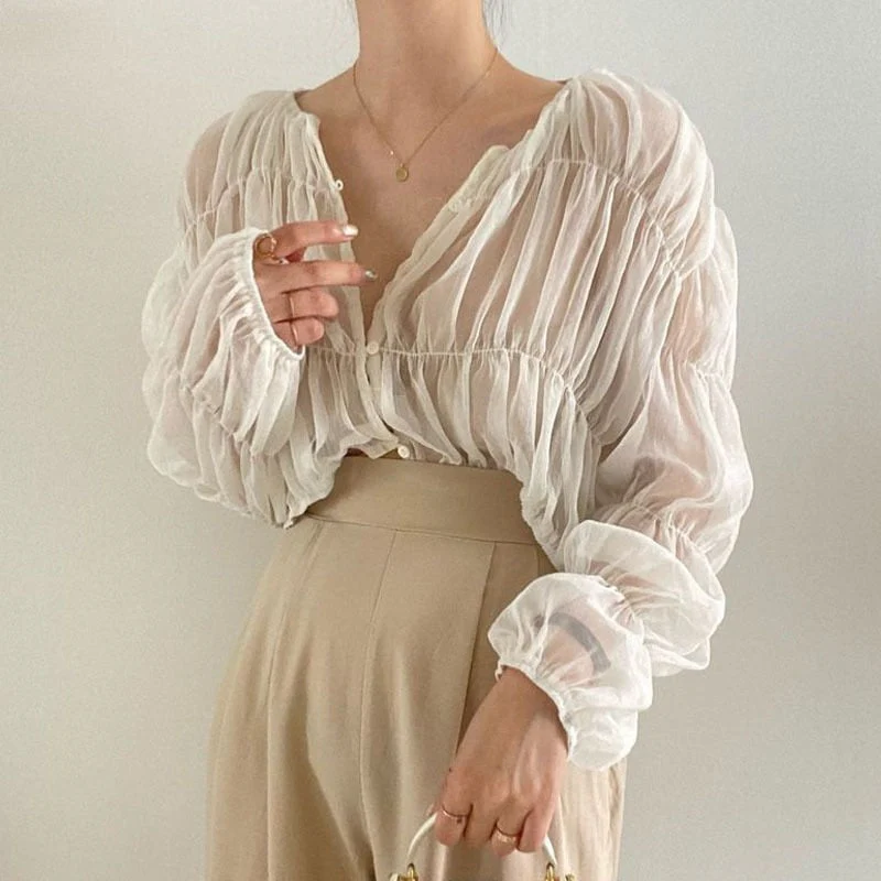 deanwangkt Korean Loose Casual Blouse Women Summer Slim Pleated Chiffon Shirt Fashion Folds Perspective Long Sleeve Tops Blusas Mujer - Deanwangkt