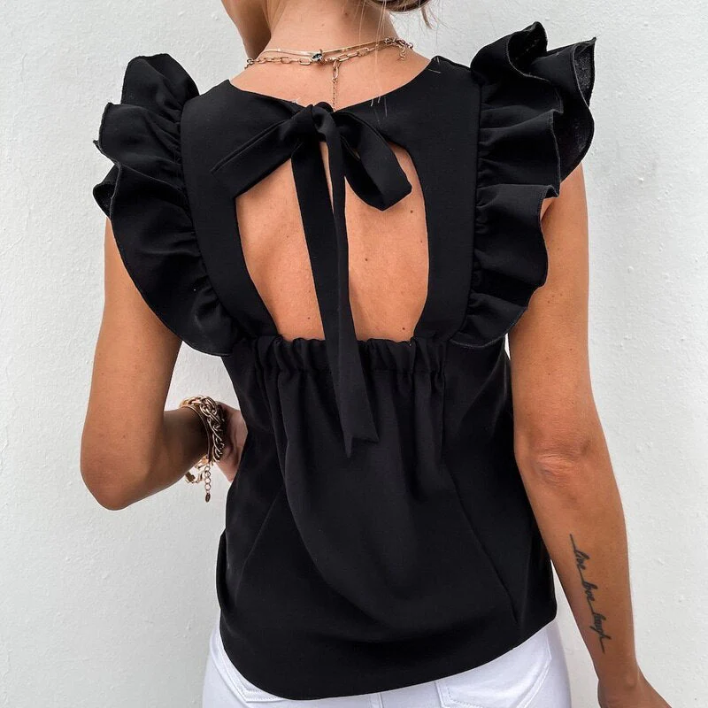 deanwangkt Elegant Women Solid Ruffle Blouses Shirts Sexy Back Hollow Out Tie-Up Bow Shirt Tops Office Lady O Neck Sleeveless Design Blusas - Deanwangkt