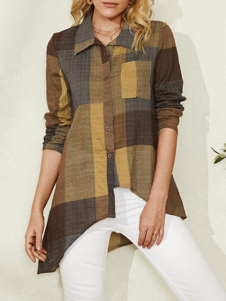 deanwangkt Women Vintage Plaid Print Button Pocket Irregular Hem Long Sleeve Casual Blouse - Deanwangkt