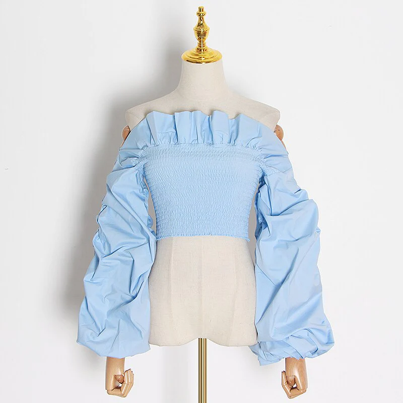 deanwangkt Ruched Ruffles Blouses Womens Slash Neck Lantern Long Sleeve Slim Short Shirts For Female Fashion Clothes  New - Deanwangkt