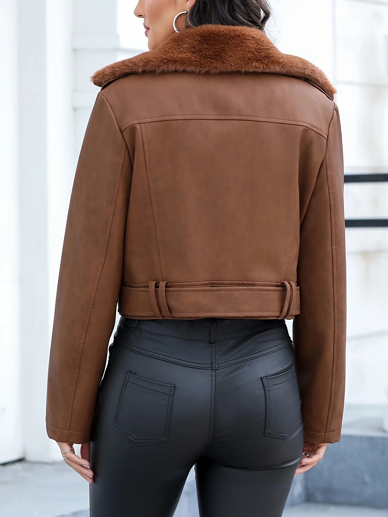 Fuzzy Trim Zipper Jacket, Casual Long Sleeve Lapel Outerwear, Women's Clothing - Deanwangkt