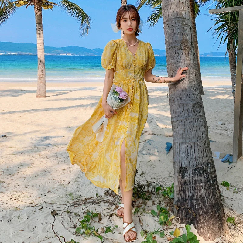 deanwangkt Summer Bohemian Yellow Women's Senior Sense Chiffon V-neck High Waist Thin Temperament Elegant Fashion Seaside Resort Long Dress - Deanwangkt