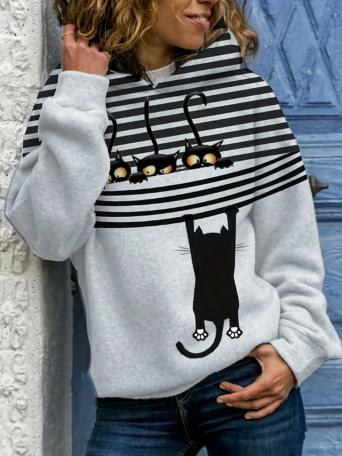 deanwangkt-1  3D Cat Graphic Sports Hooded Sweatshirts, Casual Drawstring Hoodies With Front Pocket, Women's Sporty Sweatshirts (Without Fleece) - Deanwangkt