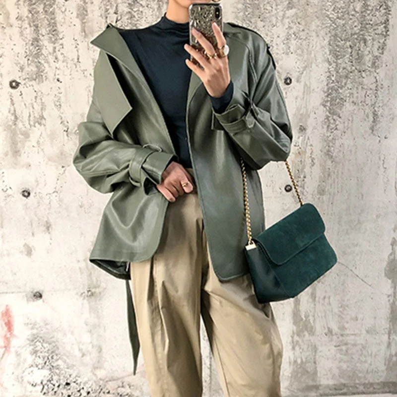 deanwangkt  New Spring Autumn Women Faux PU Leather Casual Streetwear Outwear Motorcycle Leather Jacket With Belt Green Biker Coat - Deanwangkt