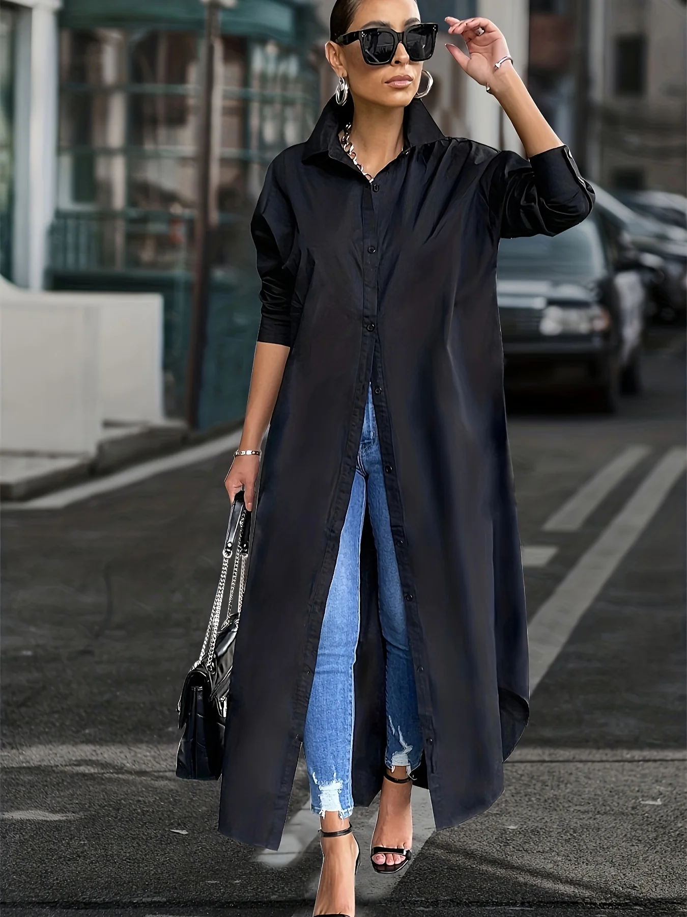 Button Front Long Length Shirt, Casual Long Sleeve Solid Shirt, Women's Clothing - Deanwangkt