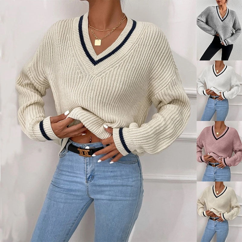 deanwangkt Casual Loose Knitted Sweater for Women Autumn Stripe V-Neck Sweater Winter Solid Soft Office Lady Pullover Fashion Jumper - Deanwangkt