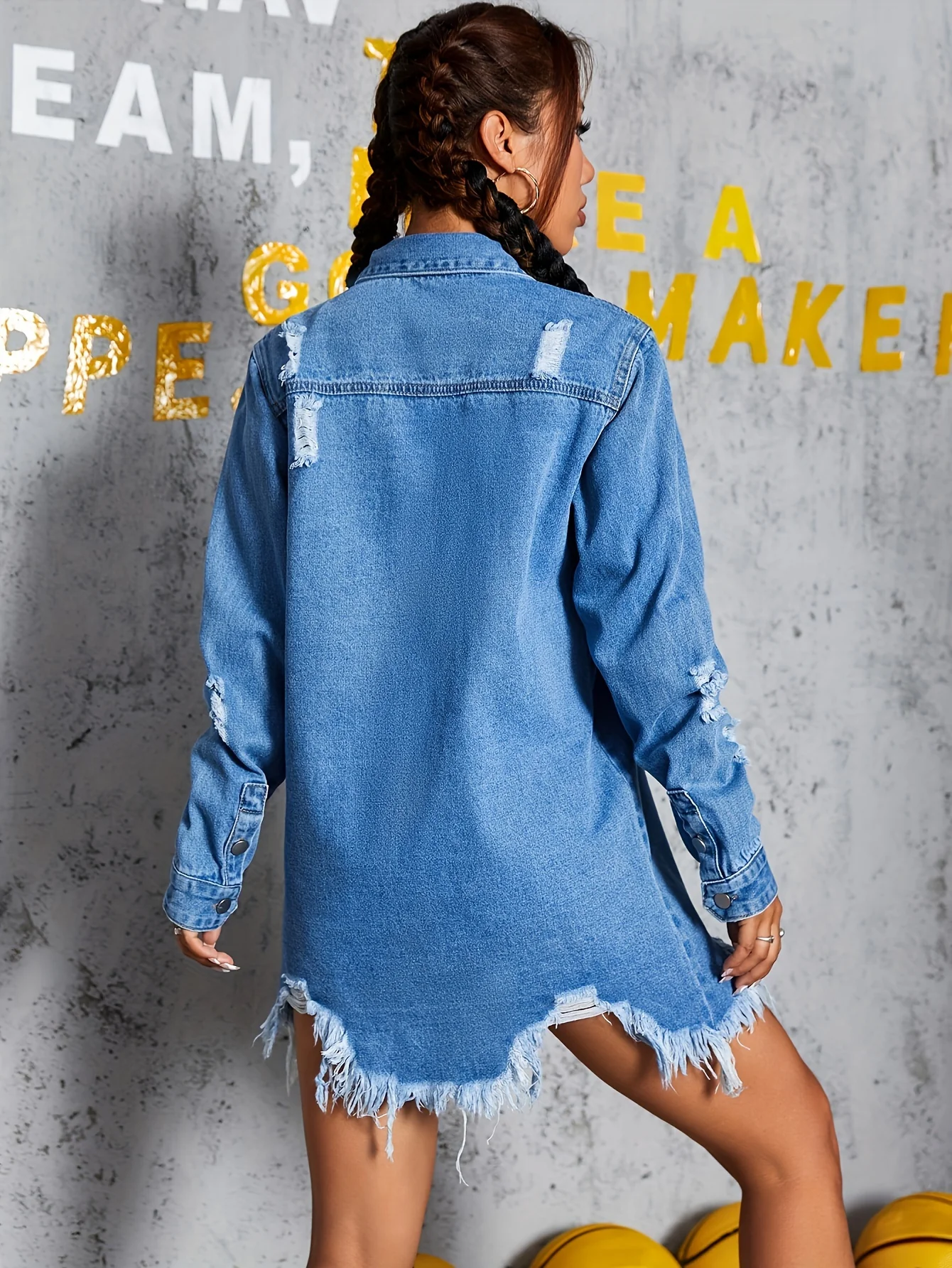 deanwangkt-1  Blue Ripped Holes Denim Jackets, Frayed Hem Long Sleeves Non-Stretch Casual Denim Coats, Women's Denim Clothing - Deanwangkt