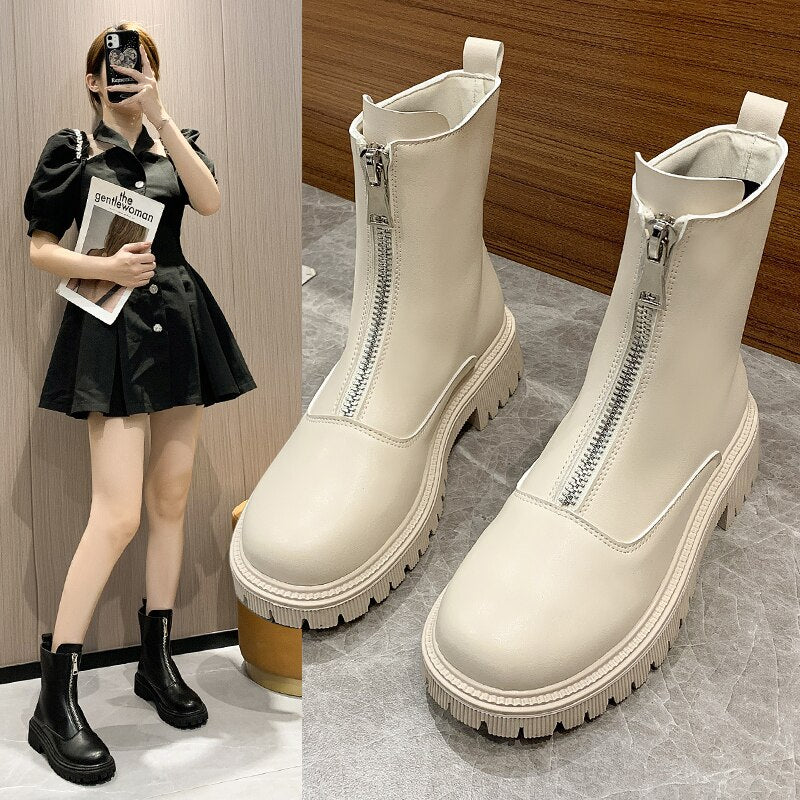 DEANWANGKT Christmas Gift New Front Zipper Chunky Platform Women's Boots Solid Black Beige Boots Women Round Toe High Heel Ankle Boots for Women Eu 35-40 - Deanwangkt