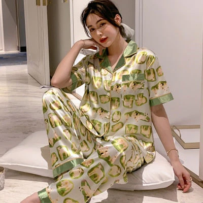 Newest Silk Pajamas for Women Sweet Leopard Pyjamas Woman Elegant Short Sleeve Long Pant Homewear Ladies Sleepwear Sets - Deanwangkt