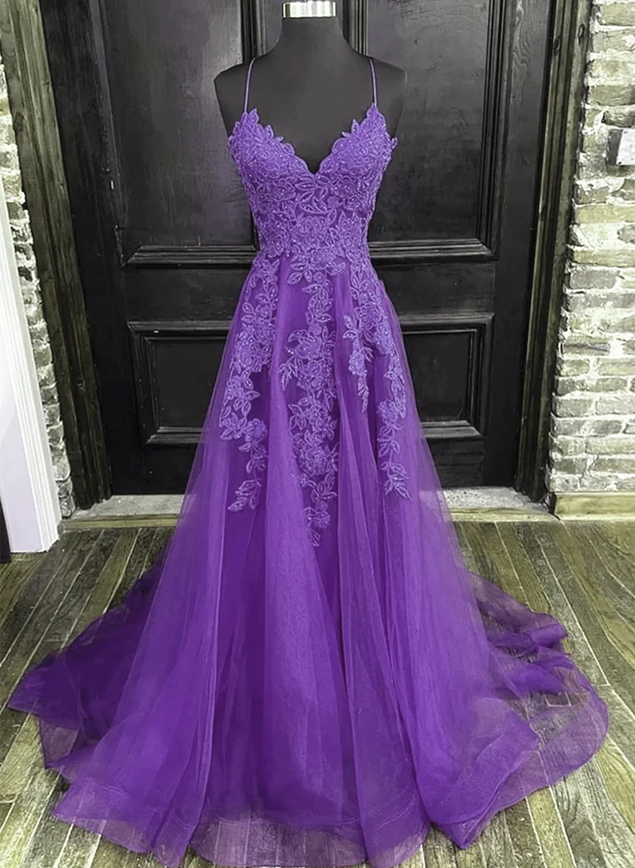Solvbao V-neckline Purple A-line Straps Long Prom Dress, Purple Long Evening Dress Party Dress - Deanwangkt