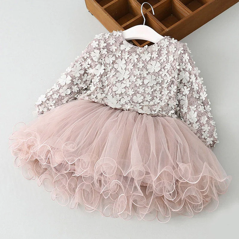 deanwangkt Elegant Flower Girls Dress Wedding Party Princess Dress Casual Kids Clothes Lace Long Sleeves Dress Children's Vestidos For 3-8T - Deanwangkt