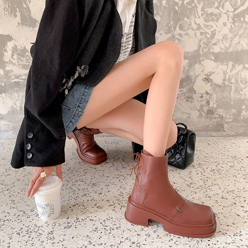 deanwangkt  fashion inspo    NEW Fall Shoes Women Genuine Leather Boots Round Toe Chunky Boots for Women Casual Platform Boots Solid Zipper Ankle Boots Women - Deanwangkt