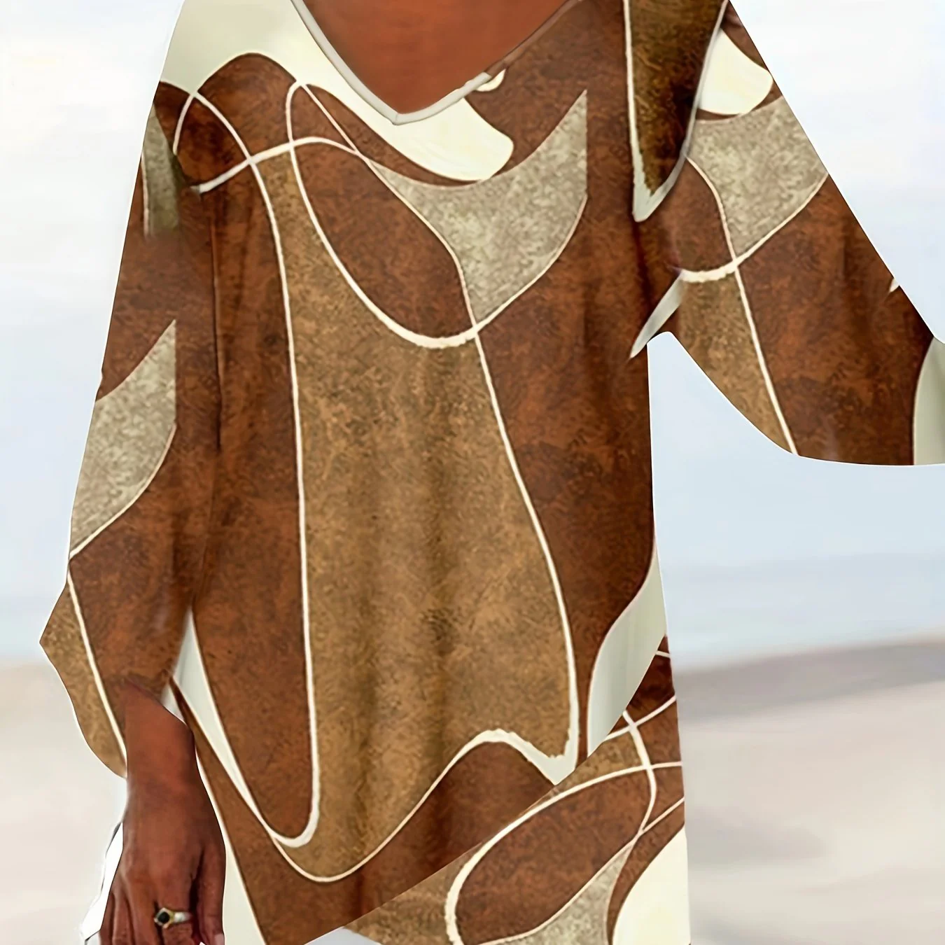 Plus Size Casual Top, Women's Plus Colorblock Random Print Long Sleeve V Neck Asymmetrical Hem Slight Stretch Top - Deanwangkt