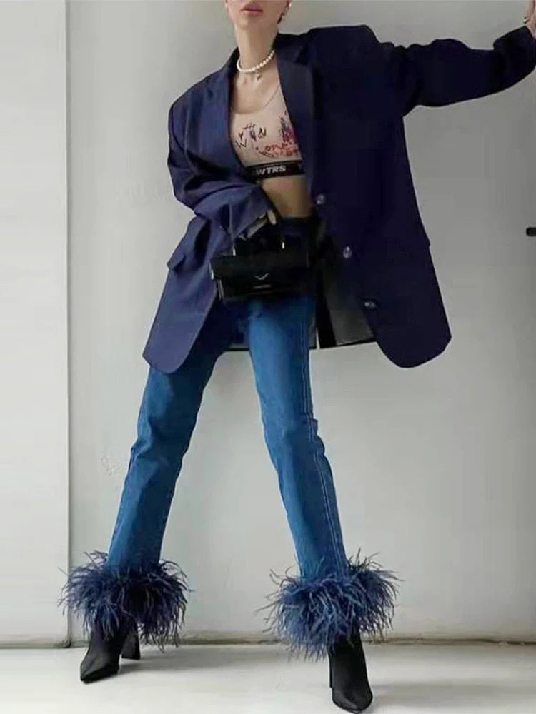 DEANWANGKT Back To School Puffy Feathers Cuff Jeans Women Stylish Denim Pants Fashion Streetwear High Waist Stretch Skinny Cropped Jeans - Deanwangkt