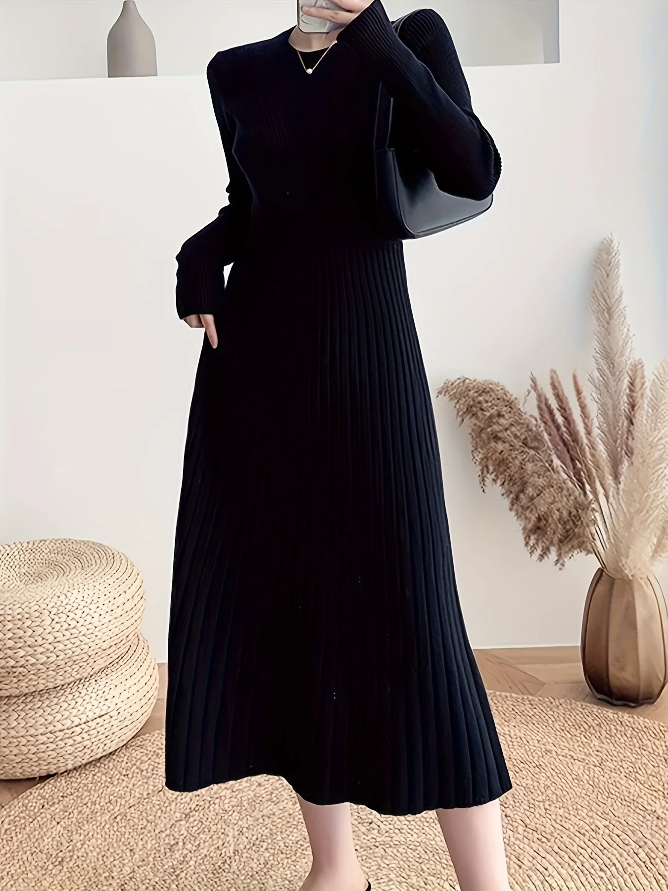 Ribbed Solid Midi Dress, Elegant Crew Neck Long Sleeve Dress, Women's Clothing - Deanwangkt