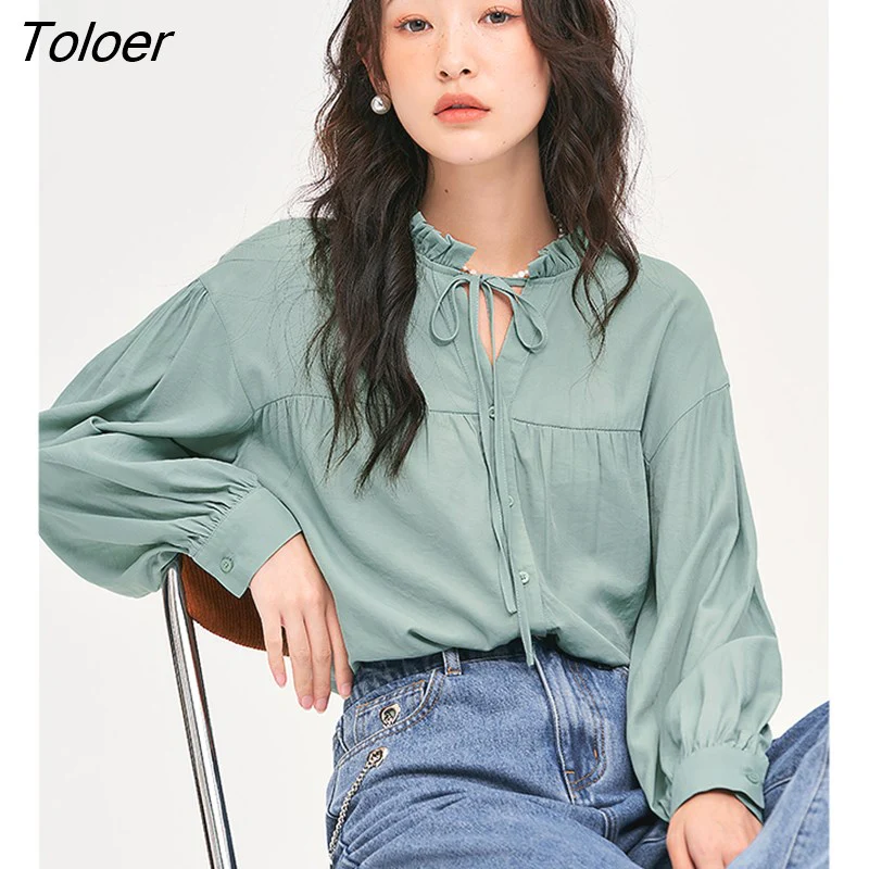 deanwangkt Women Shirts  Autumn Long Sleeve Pleated Drawstring Stand Collar Loose Blouse Green Chic Casual Streetwear Tops - Deanwangkt