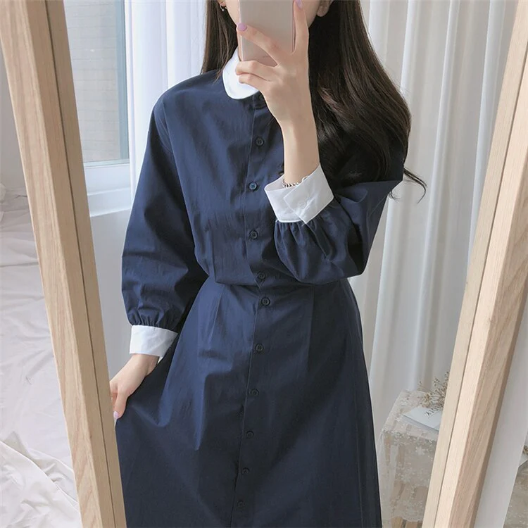 Joskka  New Spring Summer Women Dresses Fashionable Peter Pan Collar Single Breasted Vintage High Waist Casual Long Dress - Deanwangkt