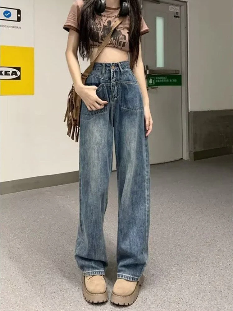 deanwangkt Retro Blue Distressed Korean Version High-waisted High-straight Design Loose Jeans - Deanwangkt