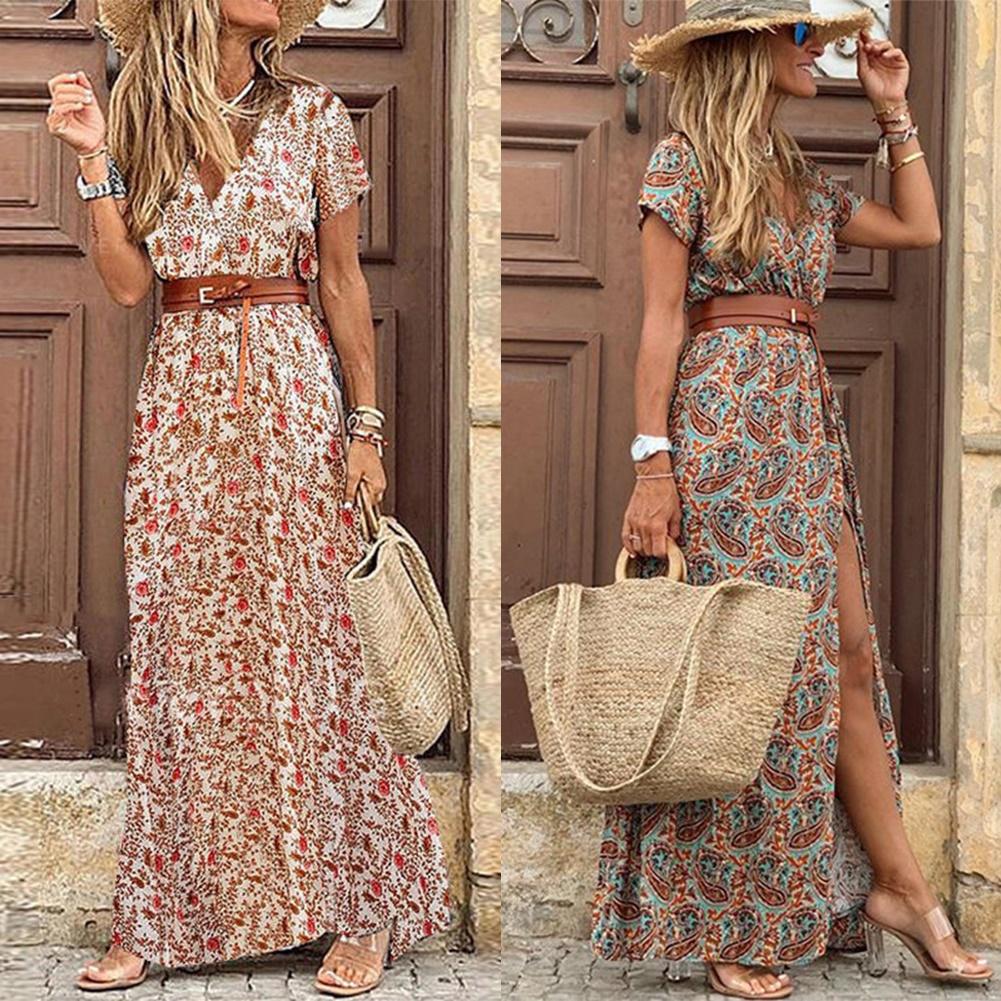 Retro Maxi Dress Women V Neck Short Sleeve Dress Female Floral Print Belt Beach Holiday Long Split Dresses Ladies Elegant Robe - Deanwangkt