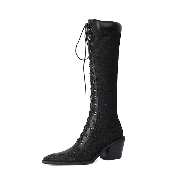 deanwangkt  Autumn Shoes   Autumn Boots Women Jean Shoes for Women Pointed Toe Chunky Heel Western Boots Knee-High Boots Denim Boots казаки женские обувь - Deanwangkt