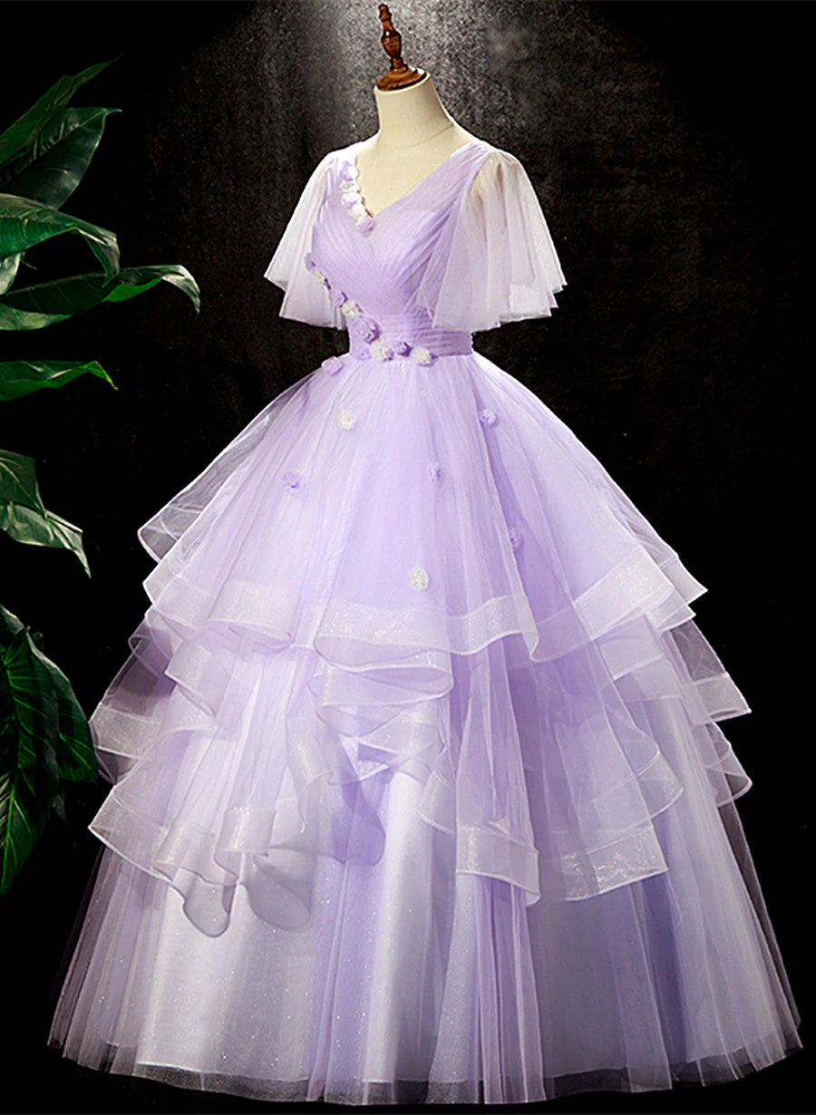 Solvbao Light Purple Tulle with Flowers Cute Long Party Dress, Purple Sweet 16 Dress - Deanwangkt