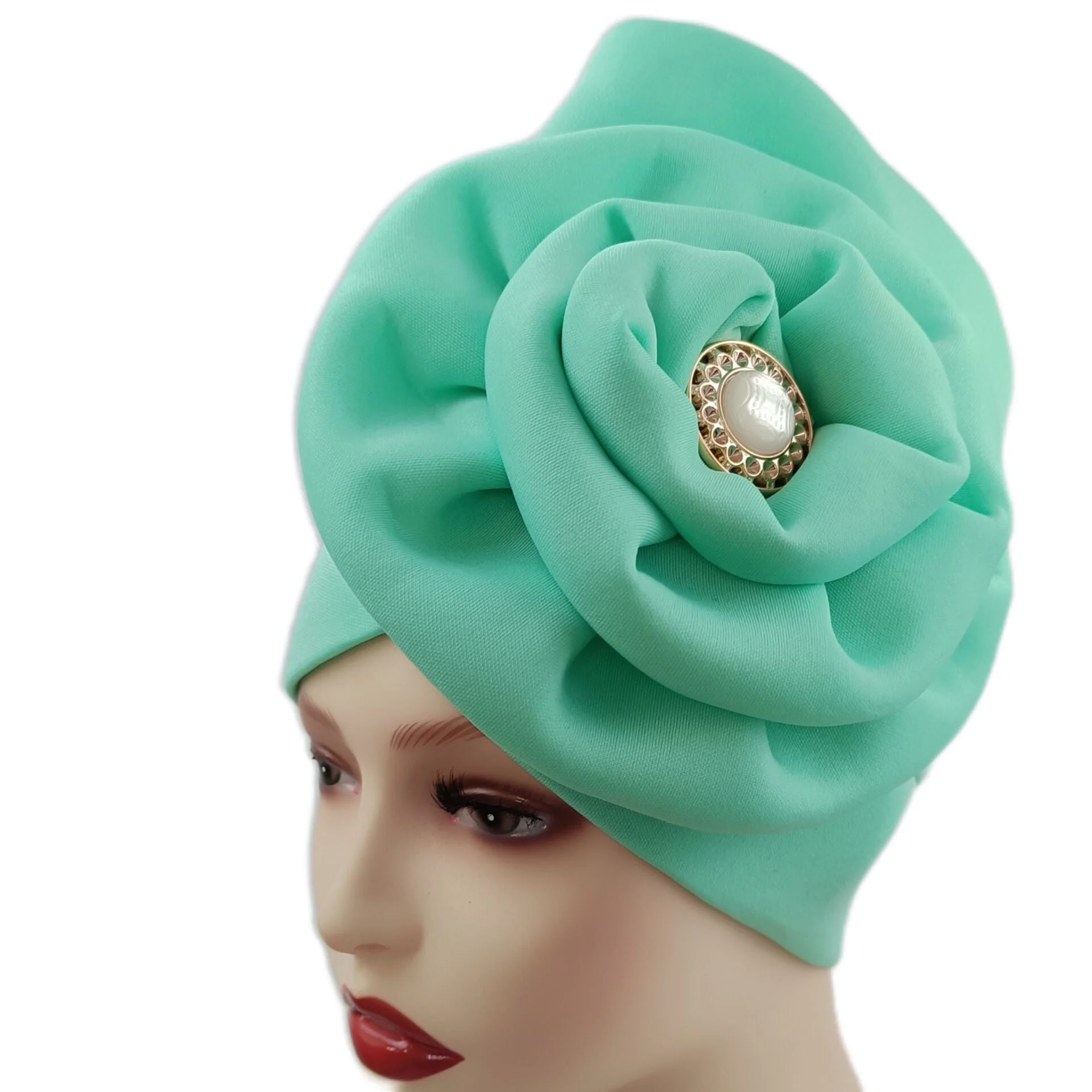 deanwangkt Solid African turban big flower design headtie cap for fashion women headwrap with badge - Deanwangkt