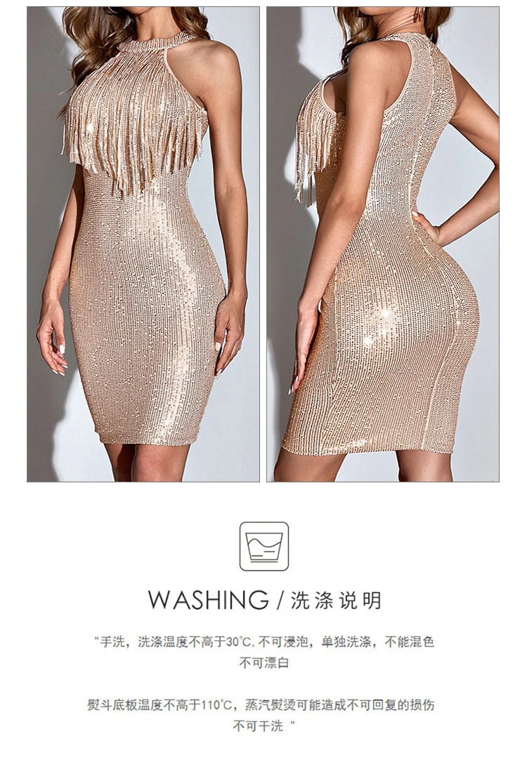 deanwangkt   Sequin Tassel Sexy Dress Women O-Neck Bodycon Nightclub Party Mini Dress Summer Sparkle Glitter Dresses Vestidos Christmas - Deanwangkt