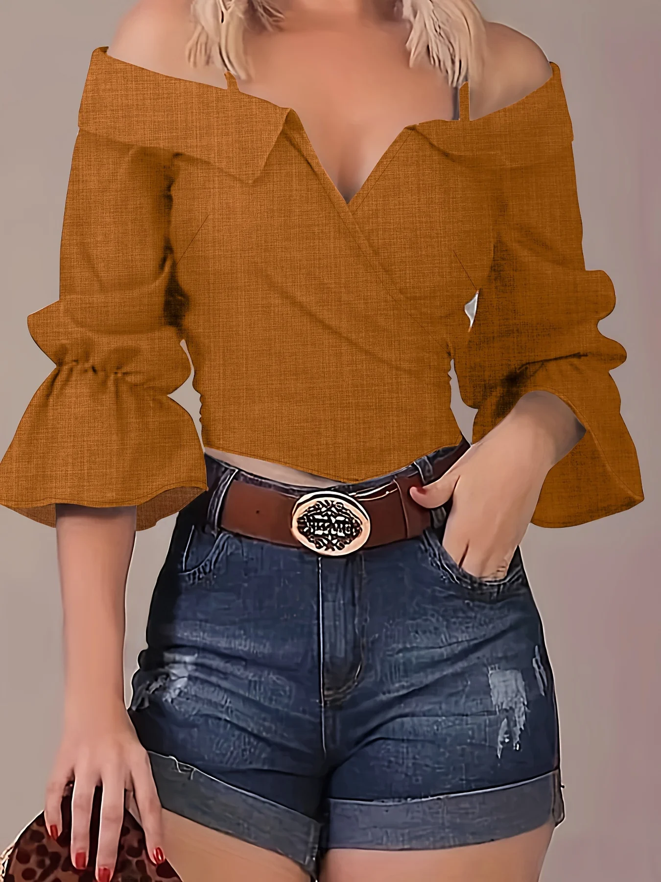 deanwangkt Solid Spaghetti Strap Blouse, Casual Bell Sleeve Surplice Neck Blouse, Women's Clothing - Deanwangkt