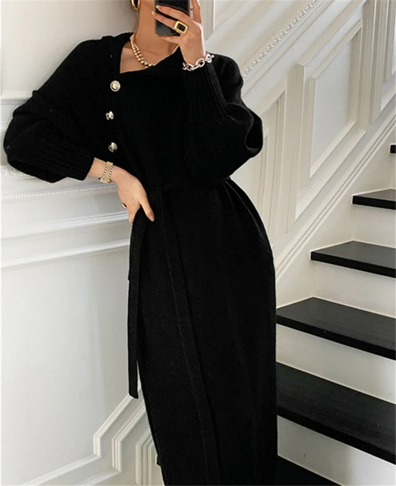 deanwangkt Winter Turtleneck Buttons Women Knitted Dress Elegant Full Sleeve Lace-up Female Thicken Long Sweater Dress For New Year - Deanwangkt