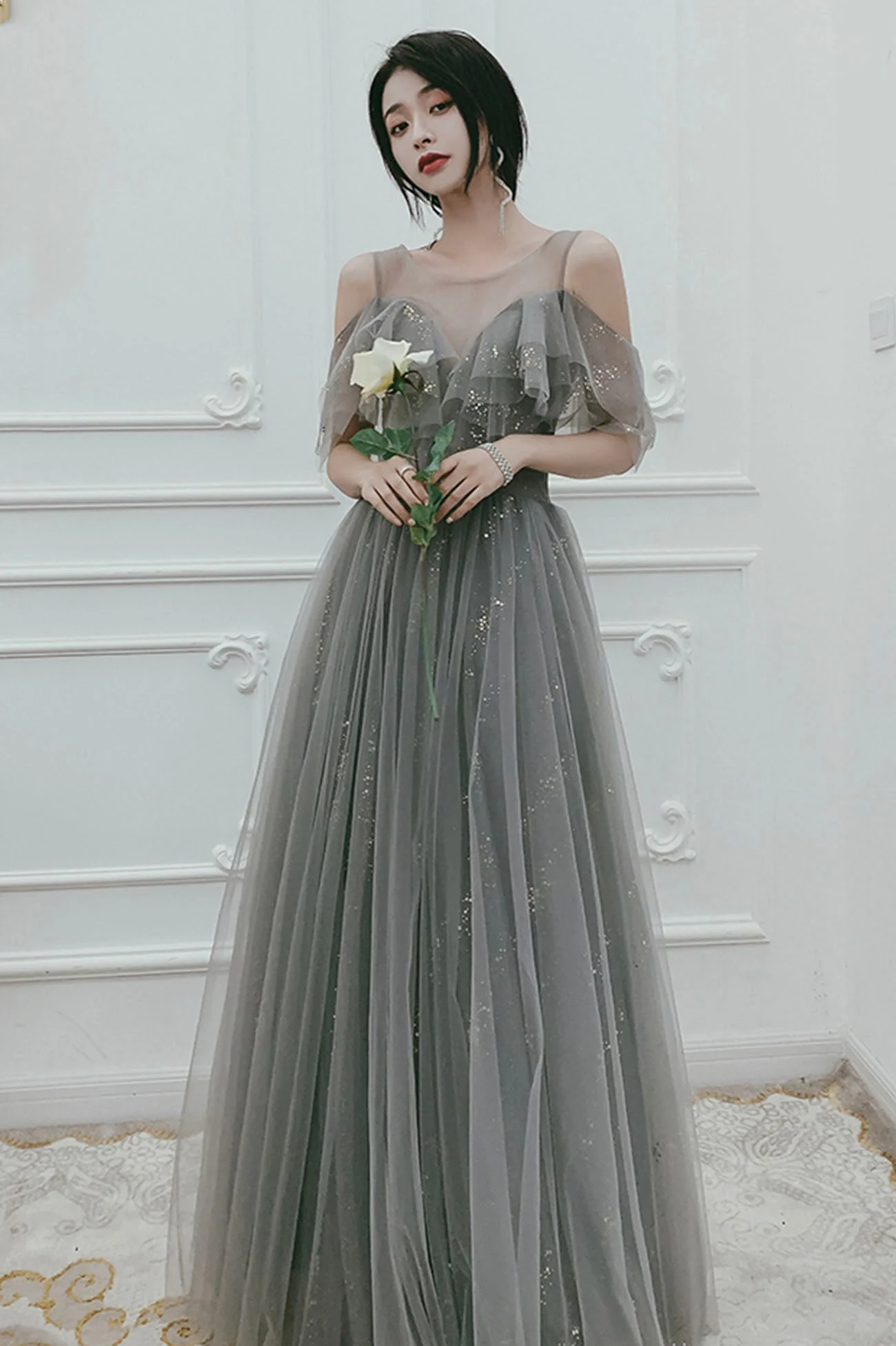 solvbao Gray Tulle Sequins Long Prom Dresses, A-Line Evening Dresses - Deanwangkt