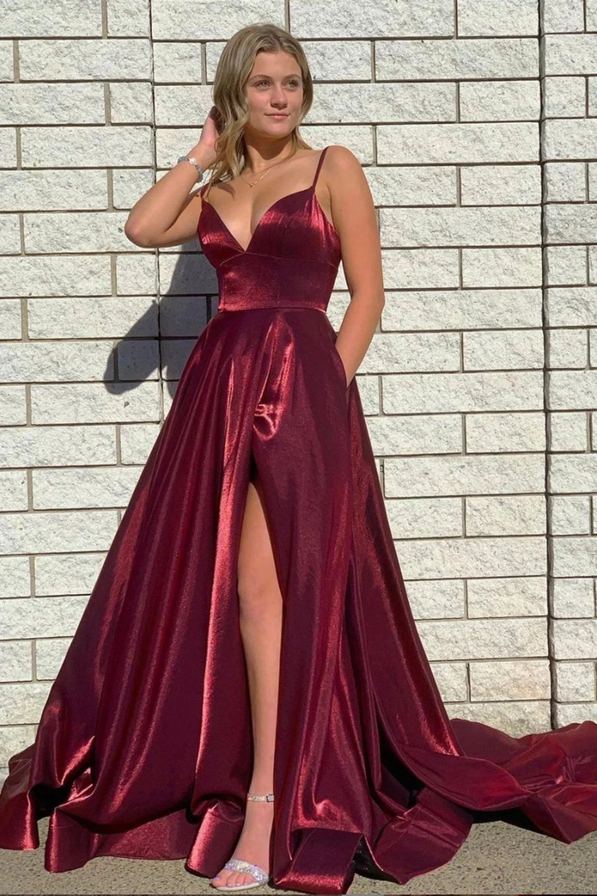solvbao Burgundy Satin Long Prom Dresses, Simple A-Line Evening Dresses - Deanwangkt