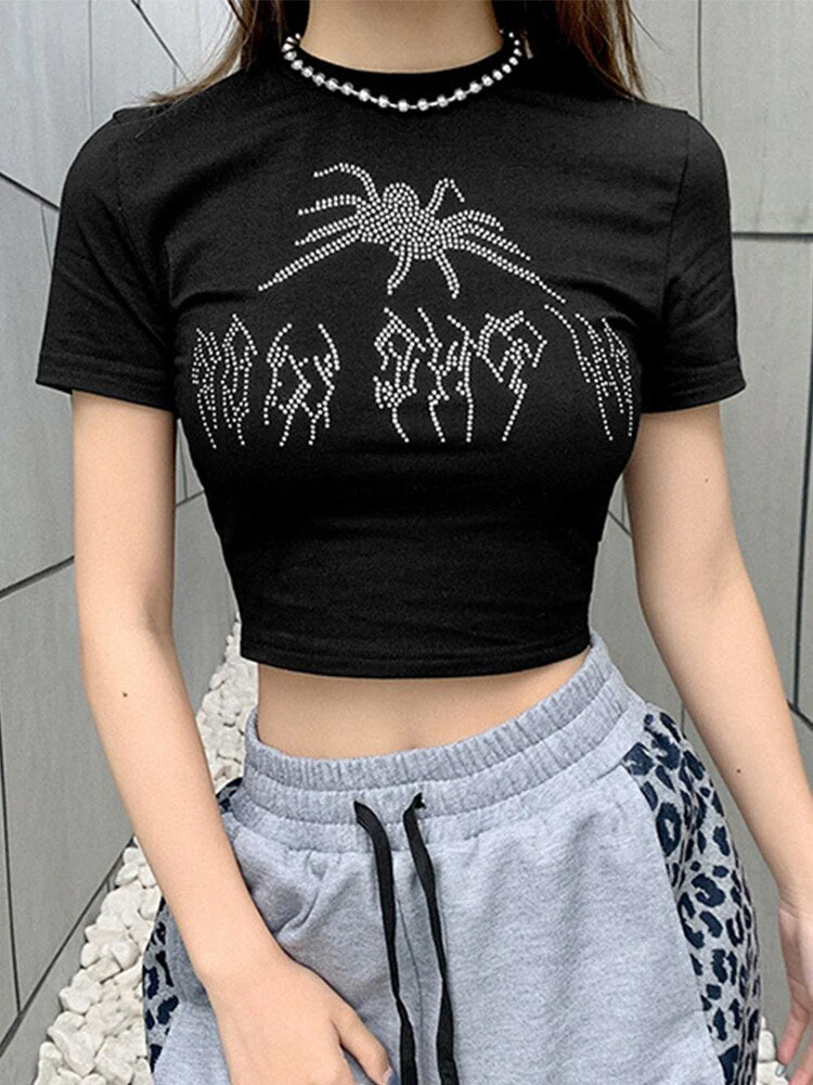 Top Women Short Sleeve T-Shirts Graphic T Shirt Aesthetics O Neck Rhinestone Tees Casual Black Crop Top E-Girl Y2K Clothes - Deanwangkt